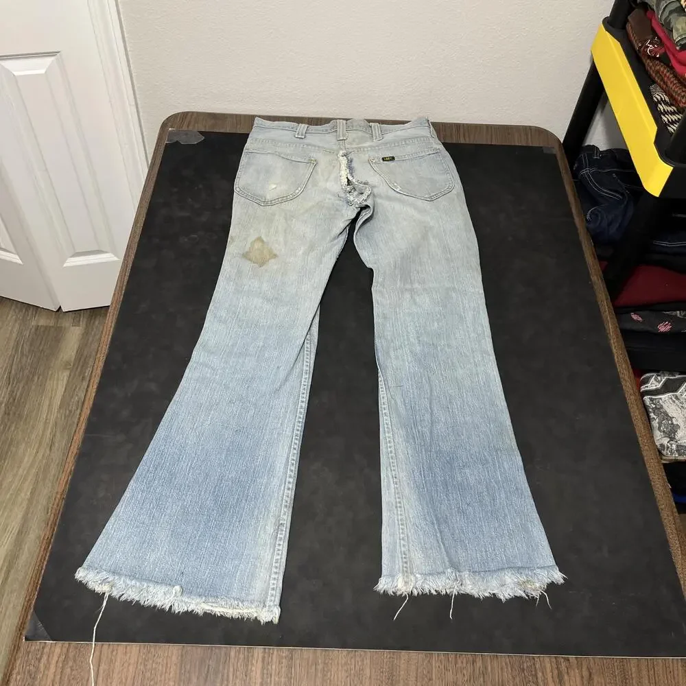 Vintage Lee Jeans Zombie Distress Mens 32x29 Denim Flare 60s Thrashed USA 1970s